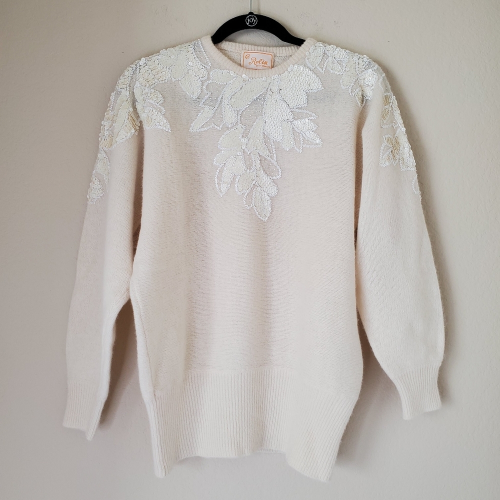 Vintage Relin Womens Sweater Sz M Lambswool Sequins Ivory White Victorian